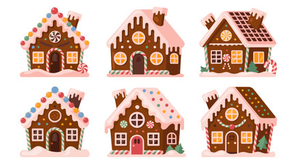 Colorful gingerbread houses arranged, a sweet festive scene.