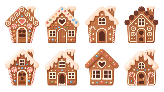 A delightful illustration of various gingerbread houses.