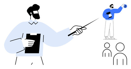 Man holding a clipboard and pointer, addressing an audience with confidence. Ideal for leadership, education, planning, teamwork, communication, training motivation. A simple flat metaphor