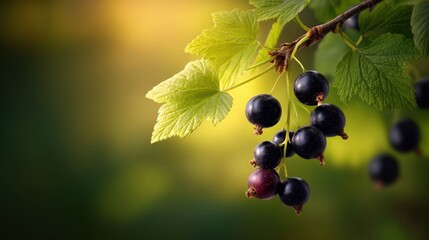Close-Up Shot of Ripe Blackcurrants on a Branch Surrounded by Green Leaves