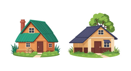 Charming cartoon houses with green roofs and detailed wooden exteriors