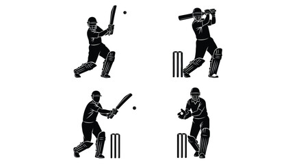 Silhouettes of cricket players in various stages of a game