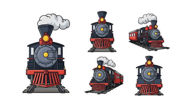 Detailed illustrations of vintage steam locomotives in multiple perspectives presented