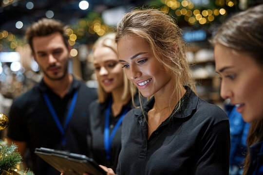 Retail Team Training on Tablet in Store during Holiday Season - Staff Collaboration