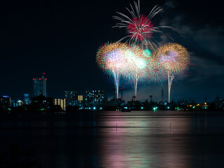 霞ヶ浦から見る土浦全国花火競技大会（茨城県）