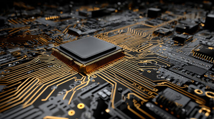 Close up of circuit board with central computer processors CPU glowing details futuristic technology electronic components motherboard digital network concept