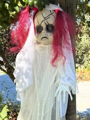 Spooky Doll Halloween Decoration: A creepy, scary doll with a haunting expression hangs from a tree branch as a seasonal decoration.