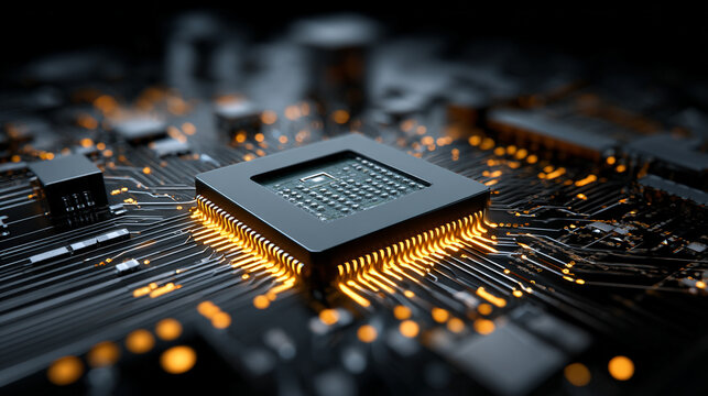 Close up of circuit board with central computer processors CPU glowing details futuristic technology electronic components motherboard digital network concept - Powered by Adobe
