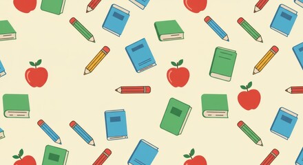 Whimsical School Supplies Pattern: Apples, Books, Pencils, Education Theme.