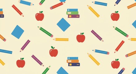 Whimsical School Supplies Pattern: Pencils, Apples, Books, and Squares.