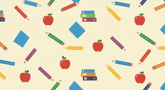 Whimsical School Supplies Pattern: Pencils, Apples, Books, and Squares.
