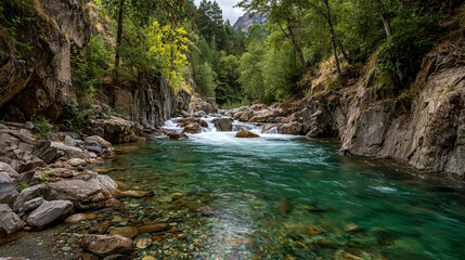 Fototapeta premium Crystal-clear river water flows gently over smooth rocks, reflecting sunlight and surrounded by natural greenery, evoking tranquility and freshness.