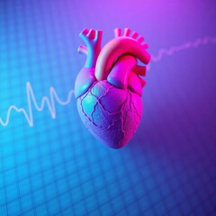 A high-angle perspective reveals a human heart on an ECG graph background, rendered in deep ultraviolet hues, vivid purples, and high contrast