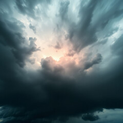 A low-angle perspective photograph showcasing intense dramatic weather and Resplandor dorado breaking through the dark void, creating a dramatic scene of stormy skies and high tension, viewed from bel
