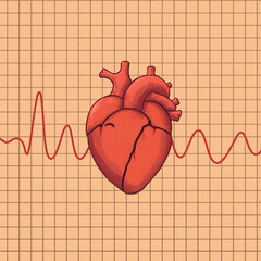 An adorable, charming human heart sits on a brown and beige ECG graph background, rendered in muted natural earth tones