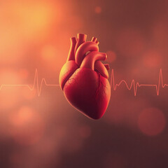Dreamy atmosphere illustration a human heart on an ECG graph background, warm reds, oranges, and yellows. Hazy, soft light