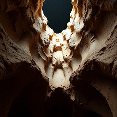 Sculptural clay art, low angle perspective, emphasizes Resplandor dorado breaking the black void's darkness, modeled shapes and textured surfaces, dramatic upward view.