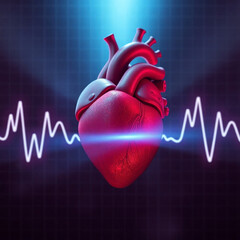 Sophisticated and elegant volumetric lighting. A human heart on an ECG graph background, rich burgundy and deep blue tones. Visible light beams pierce dust or fog