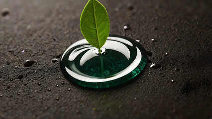 Fresh green leaf delicately rises from a pristine, emerald-hued liquid drop on a rugged, dark stone, encapsulating growth, purity, and eco-friendly concepts