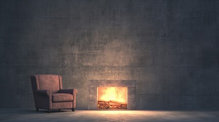 A cozy armchair next to a warm, glowing fireplace.