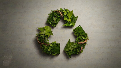 Green recycling symbol crafted from living plants and foliage, embodying environmental sustainability and ecological care