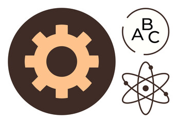 Gear icon, atomic structure, and alphabet elements symbolize learning, innovation, science, and progress. Ideal for education, STEM, technology mechanics analysis collaboration and discovery