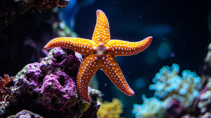 Close up of underside of vibrant orange sea star crawling across aquarium glass in coral reef tank showcasing marine life texture patterns movement and underwater ecosystem detail