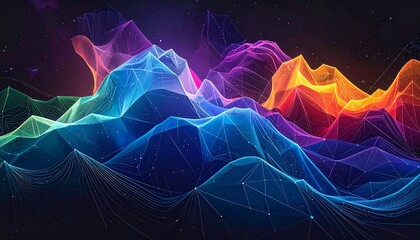 Neon mountains shimmer against a starry expanse