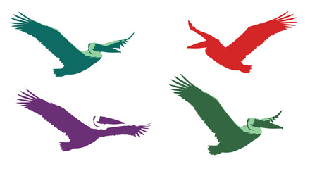 Colorful silhouettes of four birds in flight against a white background