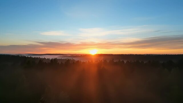 Misty forest canopy at sunrise with golden sunbeams filtering through dark green pine trees and a gradient sky of blue and orange hues casting