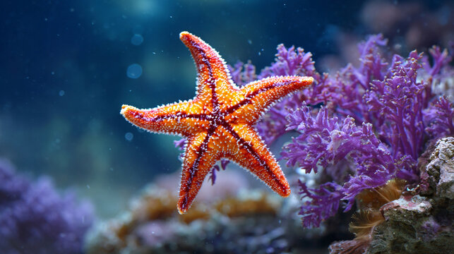 Close up of underside of vibrant orange sea star crawling across aquarium glass in coral reef tank showcasing marine life texture patterns movement and underwater ecosystem detail
