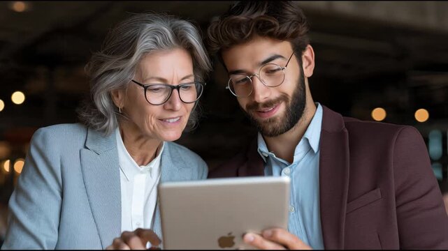 Diverse Business Professionals Using Digital Tablet for Collaboration in Modern Office or Cafe