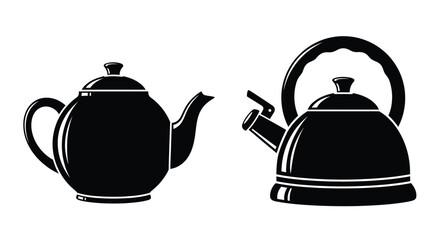 Two black and white kettle illustrations in a simple graphic style