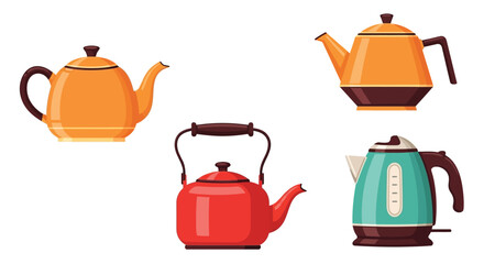 Collection of colorful vintage and modern teapots and kettles displayed