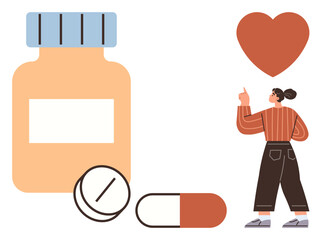 Pill bottle, tablets, capsule, and woman pointing to heart. Ideal for healthcare, wellness, self-care, healthy lifestyle, prevention medication awareness simple flat metaphor