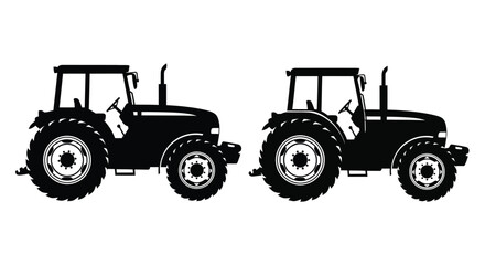 Two identical black and white silhouettes of modern agricultural tractors