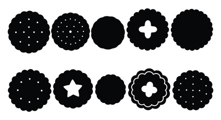 Black and white illustration of different patterned circular cookies arranged neatly