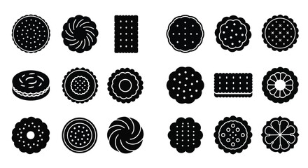 A collection of different black and white cookie designs in a layout
