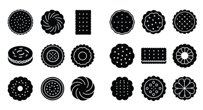 A collection of different black and white cookie designs in a layout