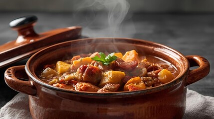Hearty Stew in Brown Pot with Steam Rising