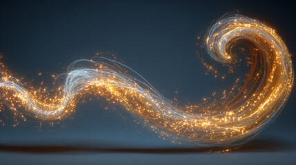 Vibrant spiral of shiny sparks and neon streaks twists dynamically, forming a glowing, magical swirl with golden highlights and curved, luminous motion.