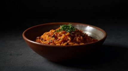 Savory Rice Dish with Herbs in a Rustic Bowl