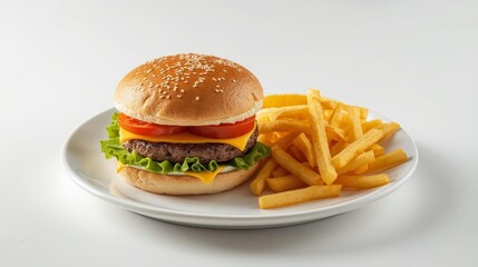 Delicious burger with fries on a white plate