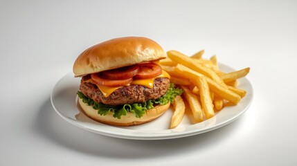 Juicy Hamburger with Fries on a White Plate