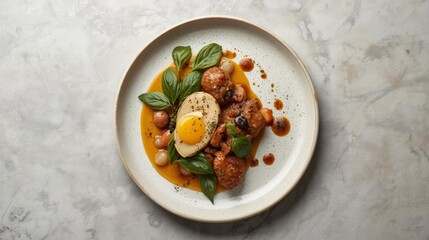 Savory Chicken Dish with Egg and Fresh Basil Garnish