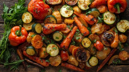 Colorful Roasted Vegetables on Rustic Wood Surface