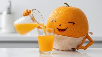 A cheerful anthropomorphic orange pours fresh juice into a glass with a big smile.