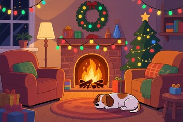 A cozy living room with a crackling fire, Christmas lights, and a sleeping dog by the hearth.