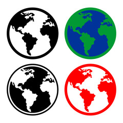 World Globe Icon Set. Black, Color, Outline, and Red Earth Map Silhouette of Continents, Flat Vector Illustration Isolated on White Background, Editable and Scalable EPS for Global Themes