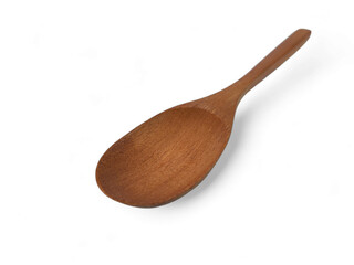 Smooth, dark brown wooden spoon isolated on a bright white background, showcasing its natural texture and simple, elegant kitchen design.